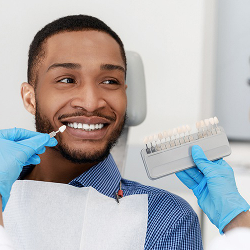 Man's smile compared with veneers color option