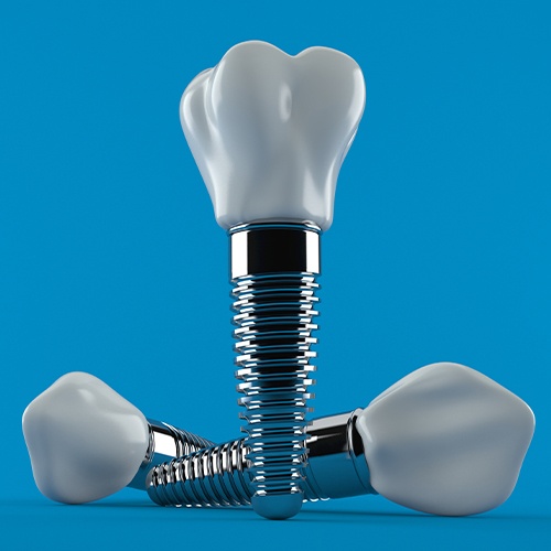 Three animated dental implant supported replacement teeth